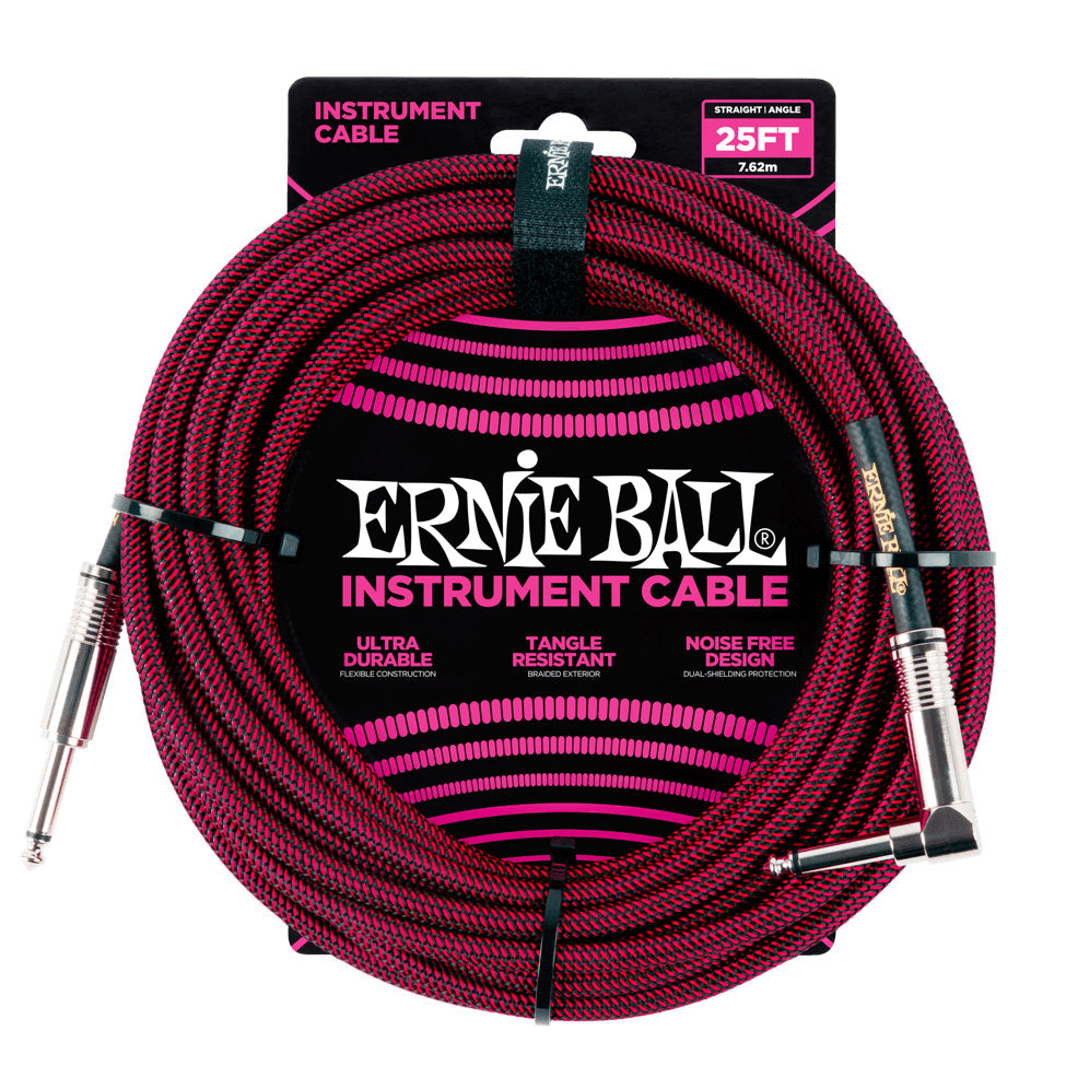 Ernie Ball Braided Instrument Cable Straight/Angle 25’ - Red/Black