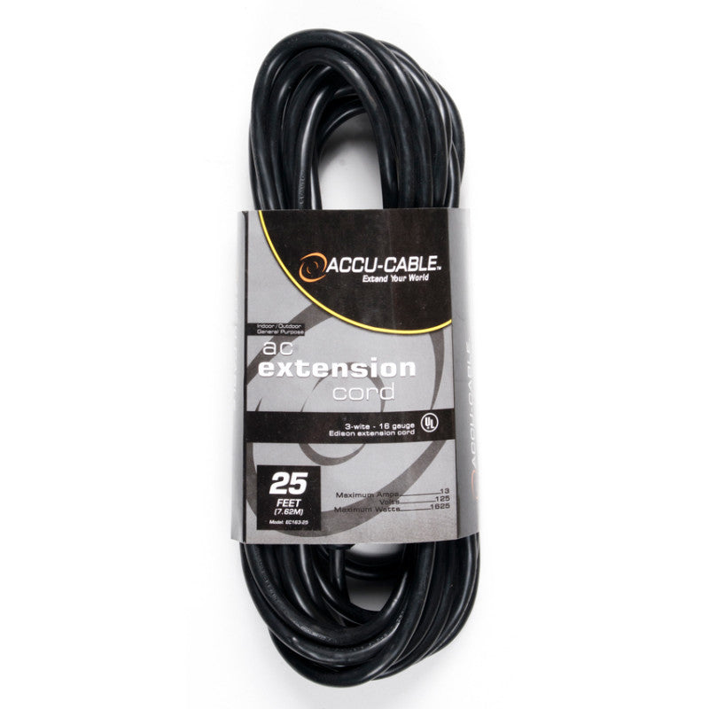 Accu-Cable AC Power Extension Cable 16-Gauge Black 25 Feet