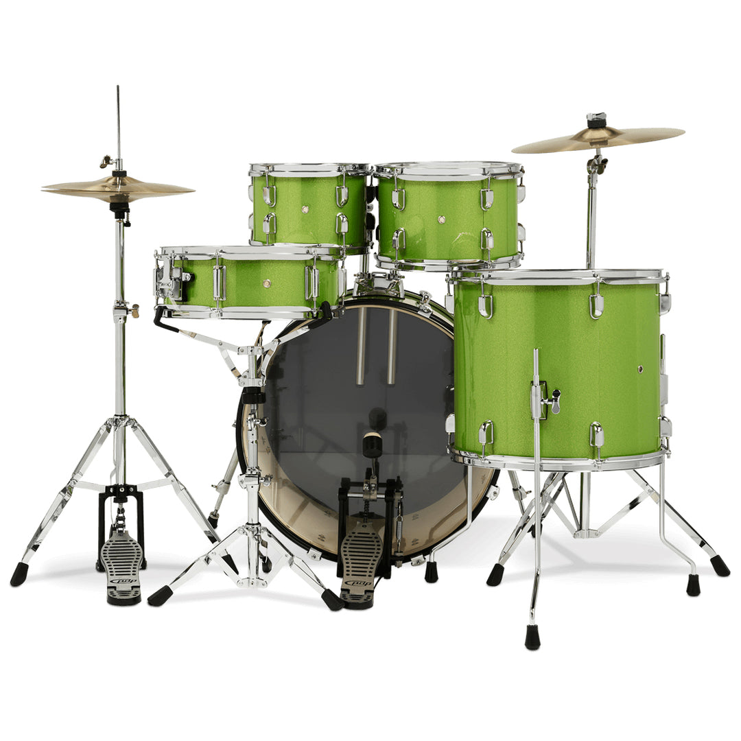 PDP Center Stage 5-Piece Complete Drum Kit w/ Hardware, Cymbals & Throne (7x10, 8x12, 14x16F, 16x22, 5x14 Snare) - Electric Green Sparkle