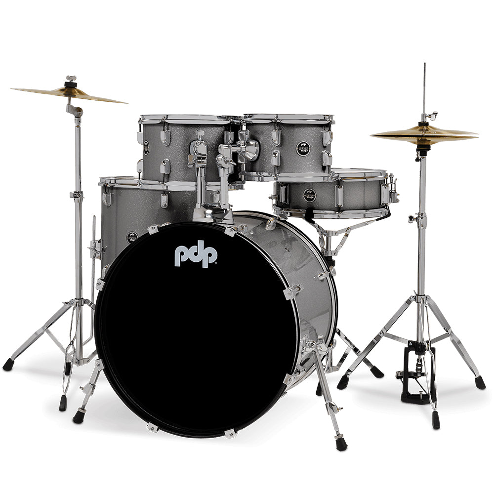 PDP Center Stage 5-Piece Complete Drum Kit w/ Hardware, Cymbals & Throne (7x10, 8x12, 14x16F, 16x22, 5x14 Snare) - Silver Sparkle