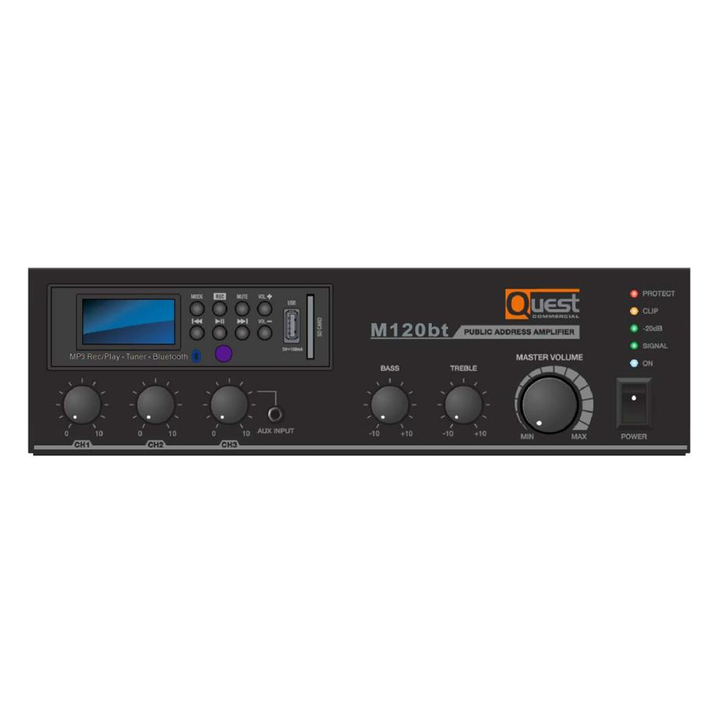 Quest M120BT 120W Mixer Amplifier 4Ω, 8Ω or 25V/70V with Built-in Bluetooth, FM Tuner and Media Player