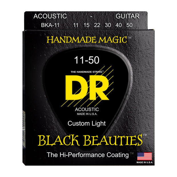 DR Strings BKA-11 (Custom Light) - BLACK BEAUTIES - BLACK Coated Acoustic: 11, 15, 22, 30, 40, 50