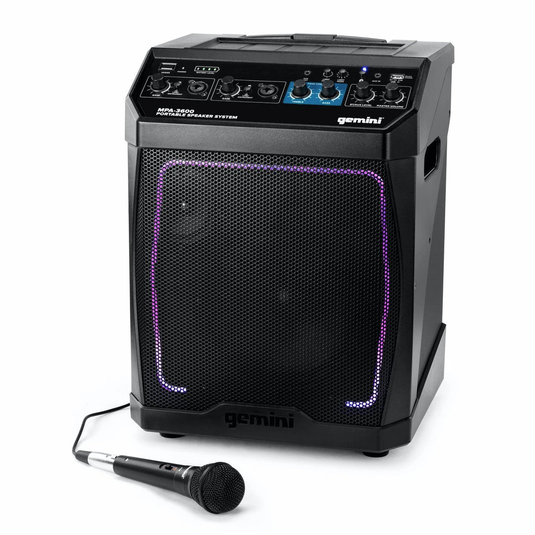 Gemini MPA-3600 Battery-Powered Bluetooth Speaker w/ LED Light and Microphone