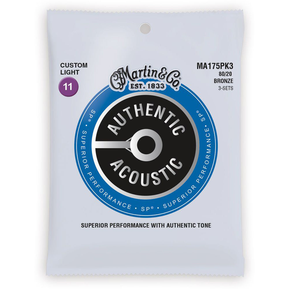 Martin MA175PK3 Authentic Acoustic (3 Packs) Guitar Strings - Custom Light 11-52