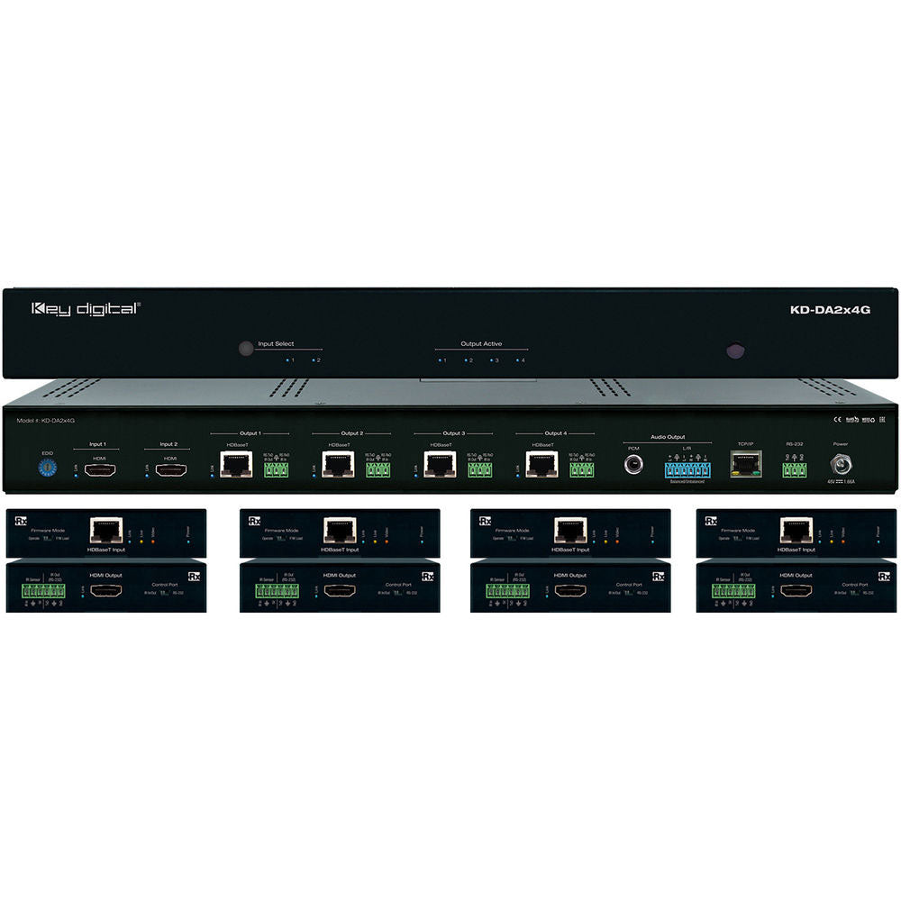 Key Digital KD-DA2x4G 1U 2x4 4K POH HDBaseT HDMI Distribution Amplifier & Switcher Kit