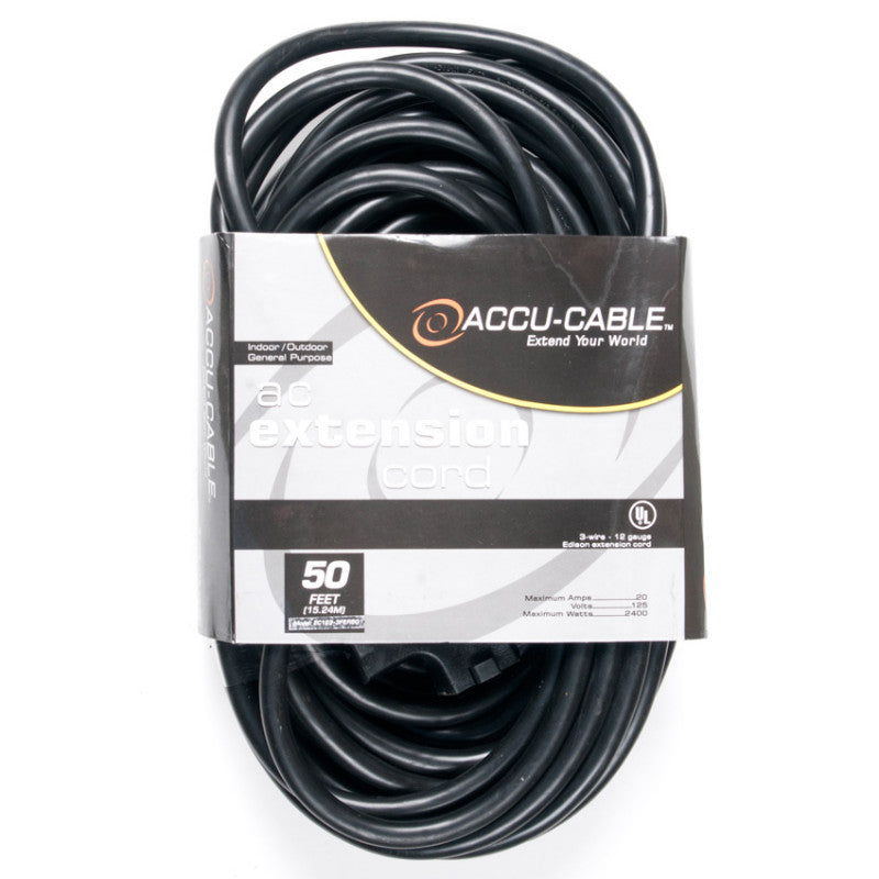 Accu-Cable AC Power 3-Outlet Extension Cable 12-Gauge Black 50 Feet