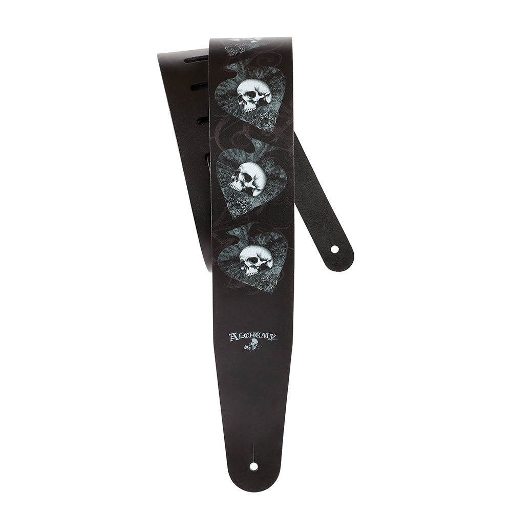 D'Addario ALCHEMY LEATHER GUITAR STRAP - SKULLS IN SPADES