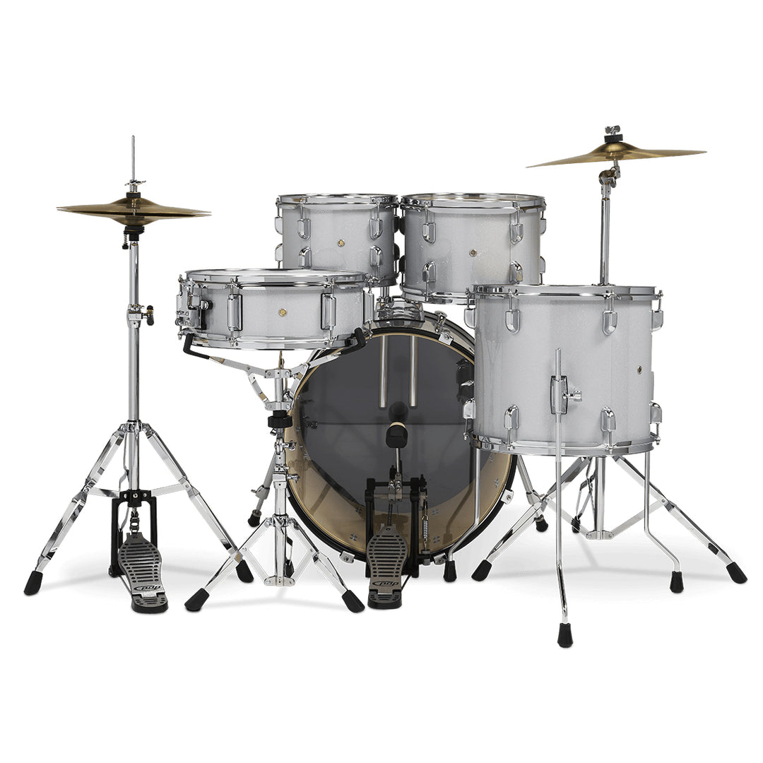 PDP Center Stage 5-Piece Complete Drum Kit w/ Hardware, Cymbals & Throne (7x10, 8x12, 12x14F, 14x20, 5x14 Snare) - Diamond White Sparkle