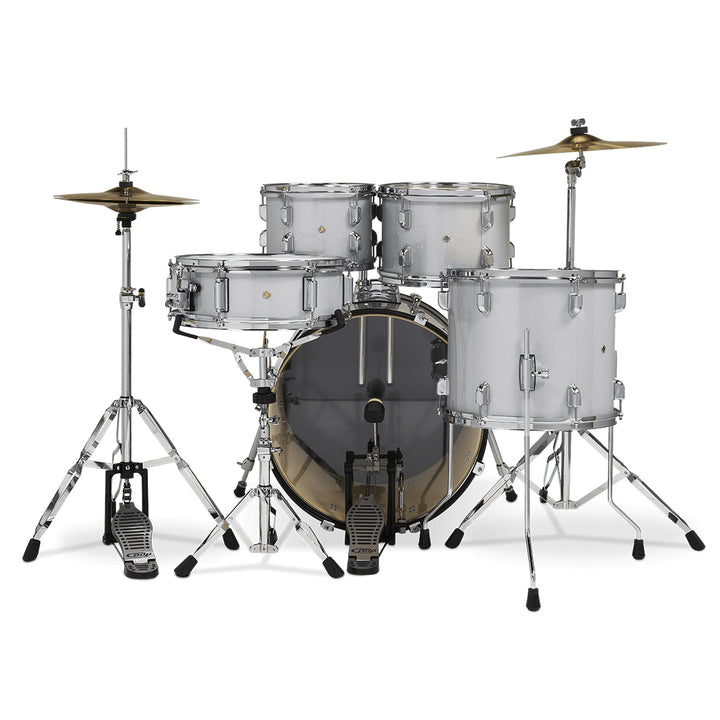 PDP Center Stage 5-Piece Complete Drum Kit w/ Hardware, Cymbals & Throne (7x10, 8x12, 12x14F, 14x20, 5x14 Snare) - Diamond White Sparkle