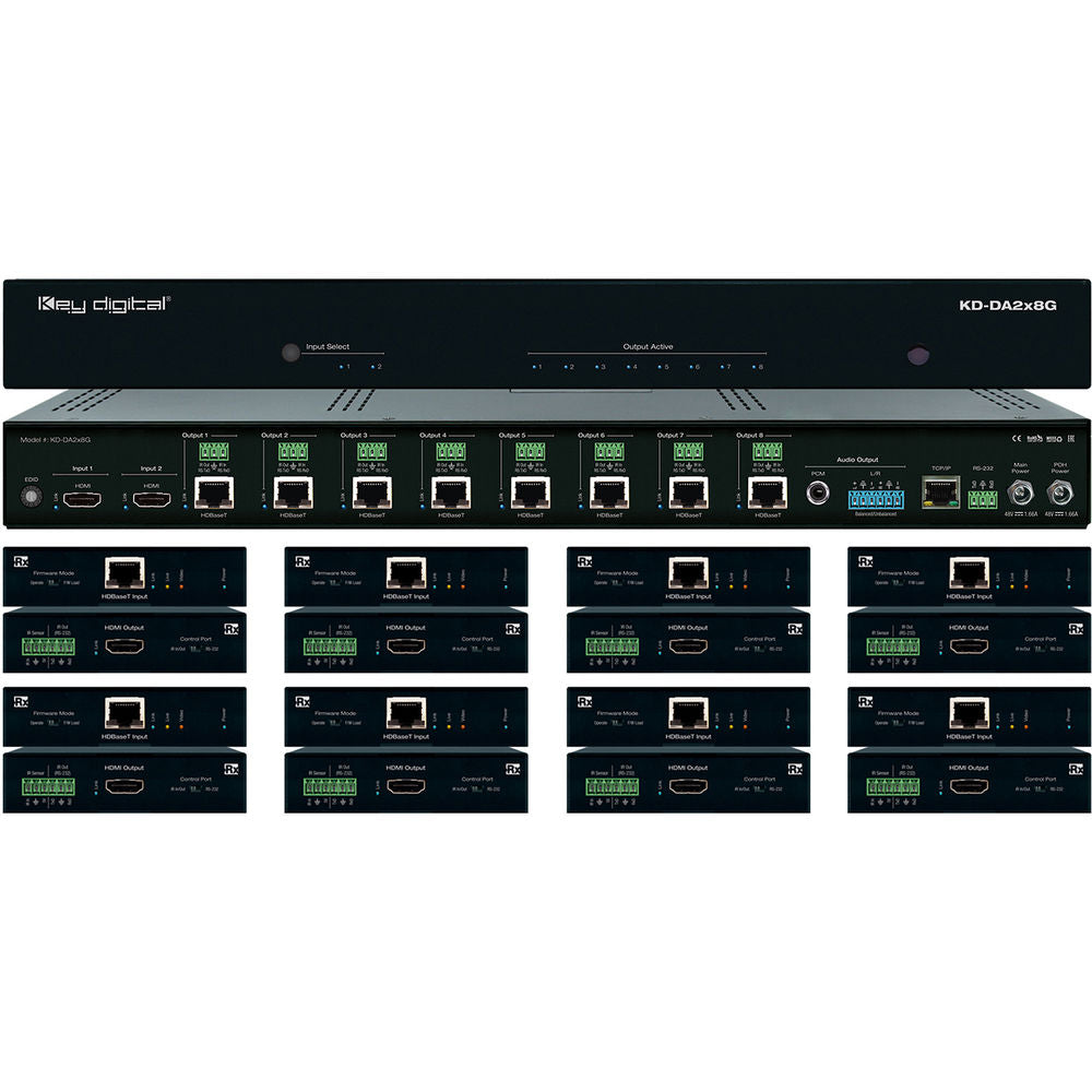 Key Digital KD-DA2x8G 1U 2x8 4K POH HDBaseT HDMI Distribution Amplifier & Switcher Kit