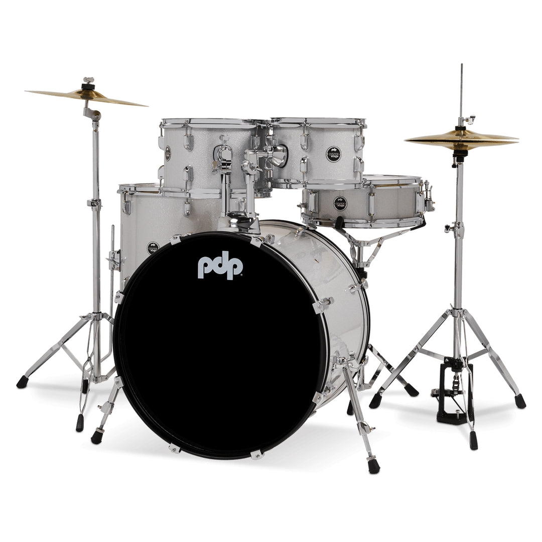 PDP Center Stage 5-Piece Complete Drum Kit w/ Hardware, Cymbals & Throne (7x10, 8x12, 14x16F, 16x22, 5x14 Snare) - Diamond White Sparkle
