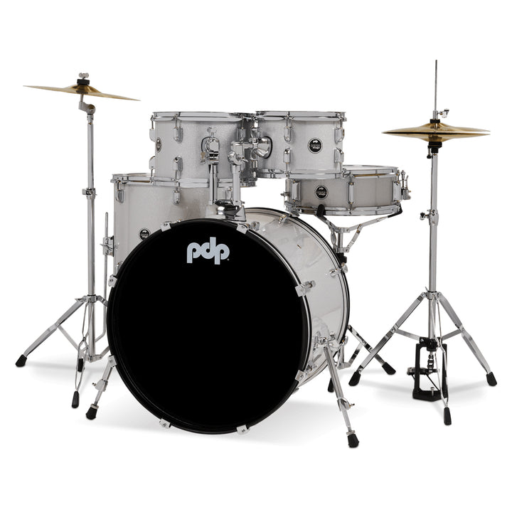 PDP Center Stage 5-Piece Complete Drum Kit w/ Hardware, Cymbals & Throne (7x10, 8x12, 14x16F, 16x22, 5x14 Snare) - Diamond White Sparkle