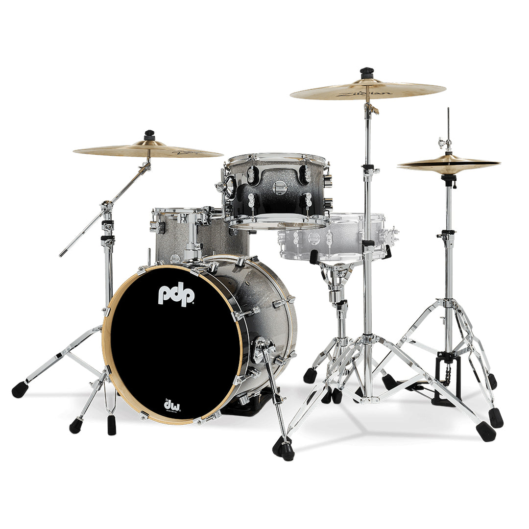 PDP Concept Maple Lacquer CM Bop Kit Shell Pack w/ Chrome Hardware (14x18 w/ BDM, 8x12, 14x14FT) - Silver to Black Fade
