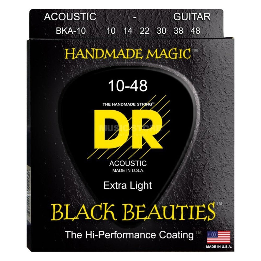 DR Strings BKA-10 (Extra Light) - BLACK BEAUTIES - BLACK Coated Acoustic: 10, 14, 22, 30, 38, 48