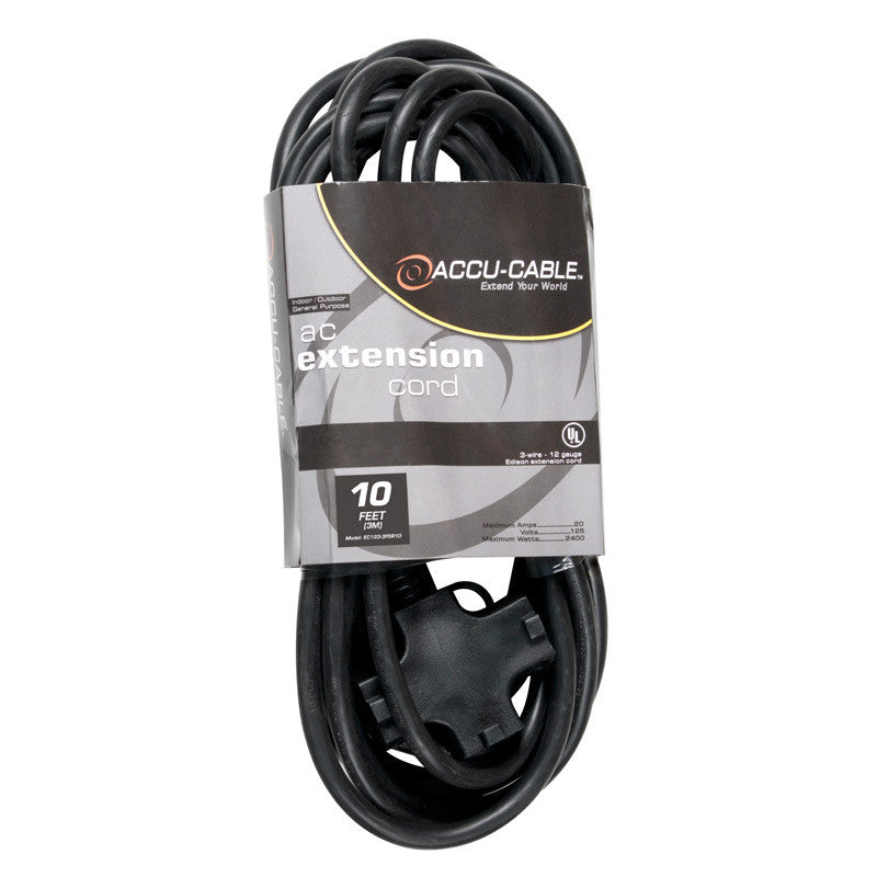 Accu-Cable AC Power 3-Outlet Extension Cable 12-Gauge Black 10 Feet