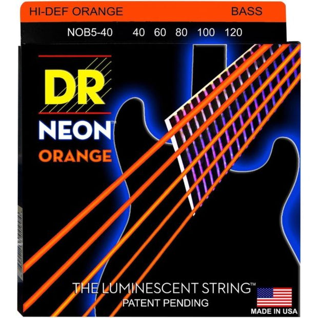 DR Strings NOB5-40 (Light 5's) - Hi-Def NEON ORANGE: Coated Bass Strings: 40, 60, 80, 100, 120