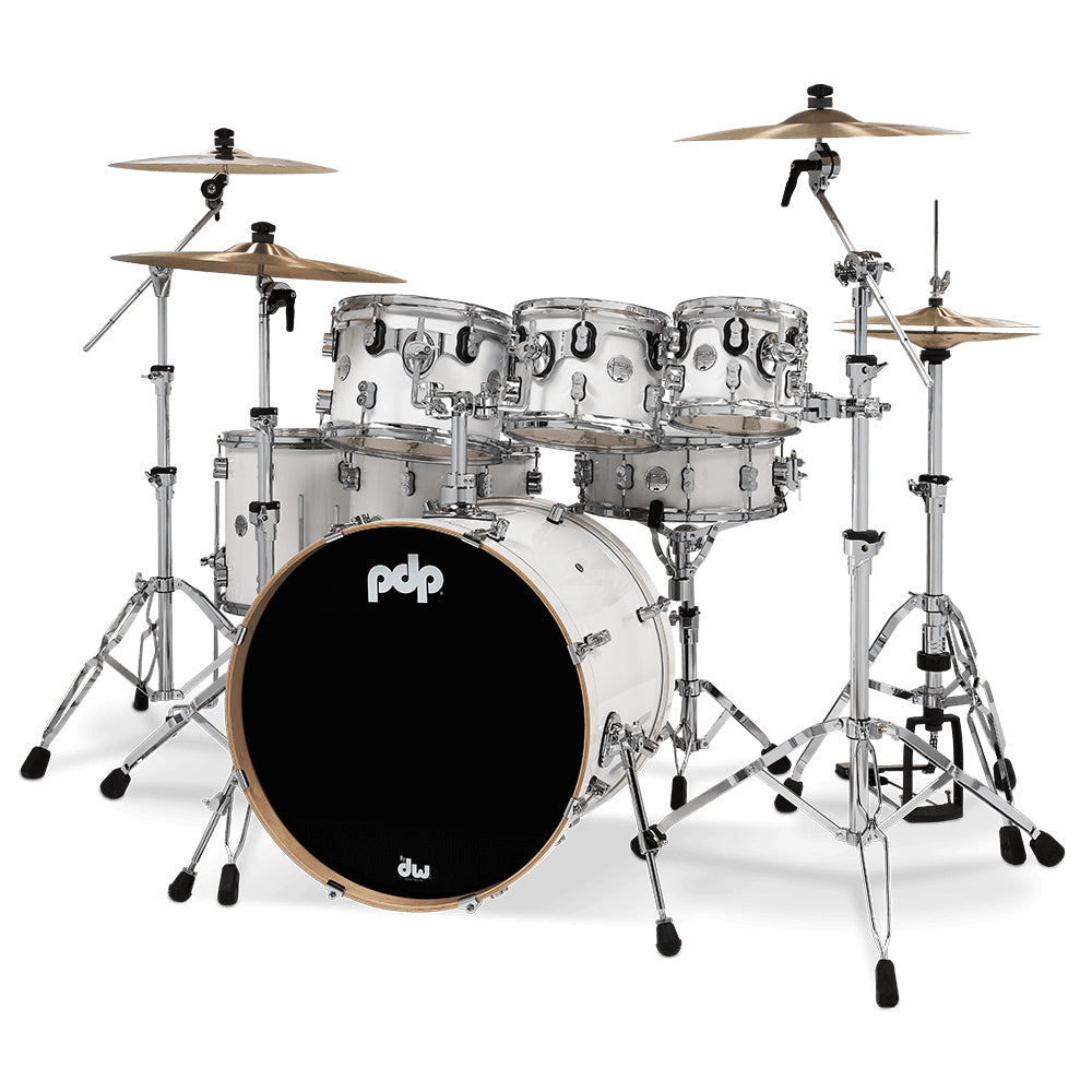 PDP Concept Maple Lacquer CM7 7-Piece Kit Shell Pack w/ Chrome Hardware (18x22 w/ BDM, 7x8, 8x10, 9x12, 12x14FT, 14x16FT, 5.5x14 Snare) - Pearlescent White