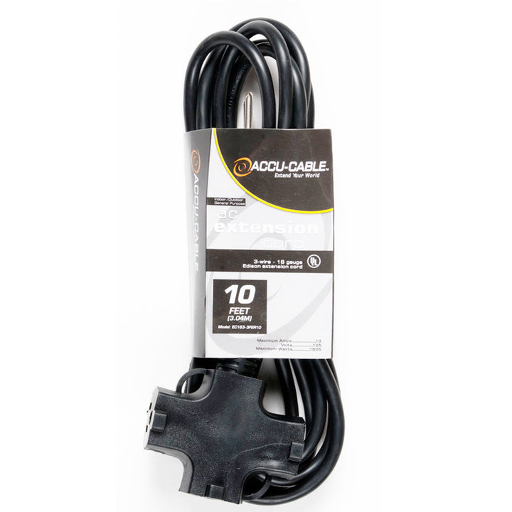 Accu-Cable AC Power 3-Outlet Extension Cable 16-Gauge Black 10 Feet