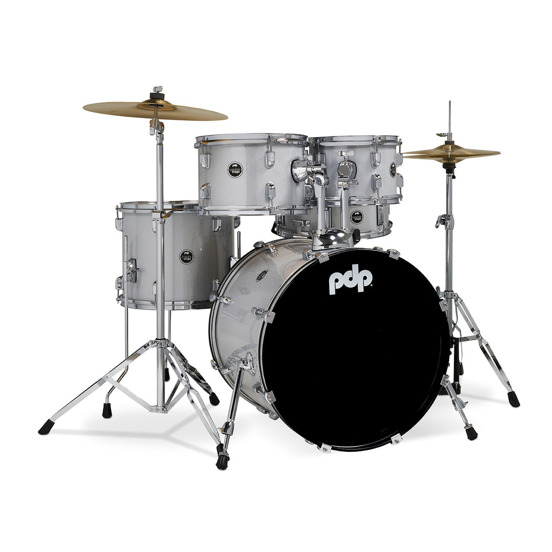 PDP Center Stage 5-Piece Complete Drum Kit w/ Hardware, Cymbals & Throne (7x10, 8x12, 12x14F, 14x20, 5x14 Snare) - Diamond White Sparkle