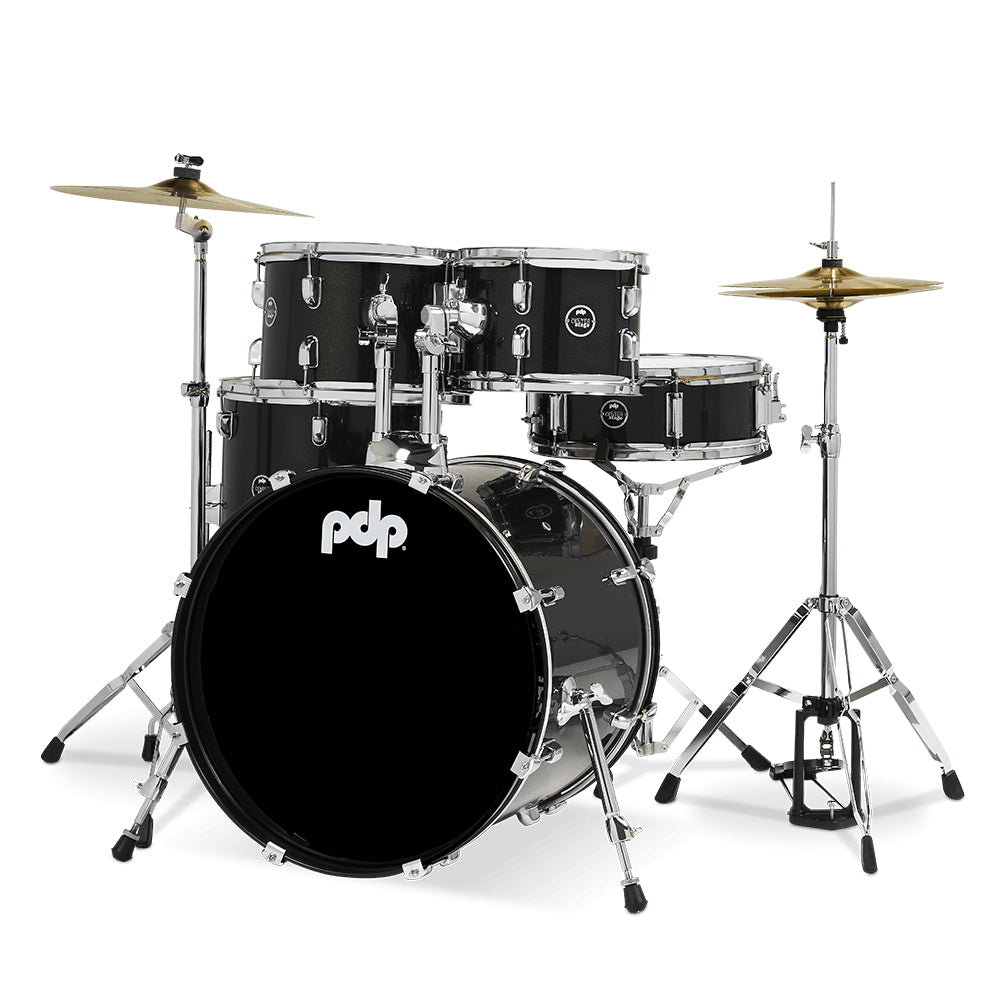 PDP Center Stage 5-Piece Complete Drum Kit w/ Hardware, Cymbals & Throne (7x10, 8x12, 12x14F, 14x20, 5x14 Snare) - Iridescent Black Sparkle
