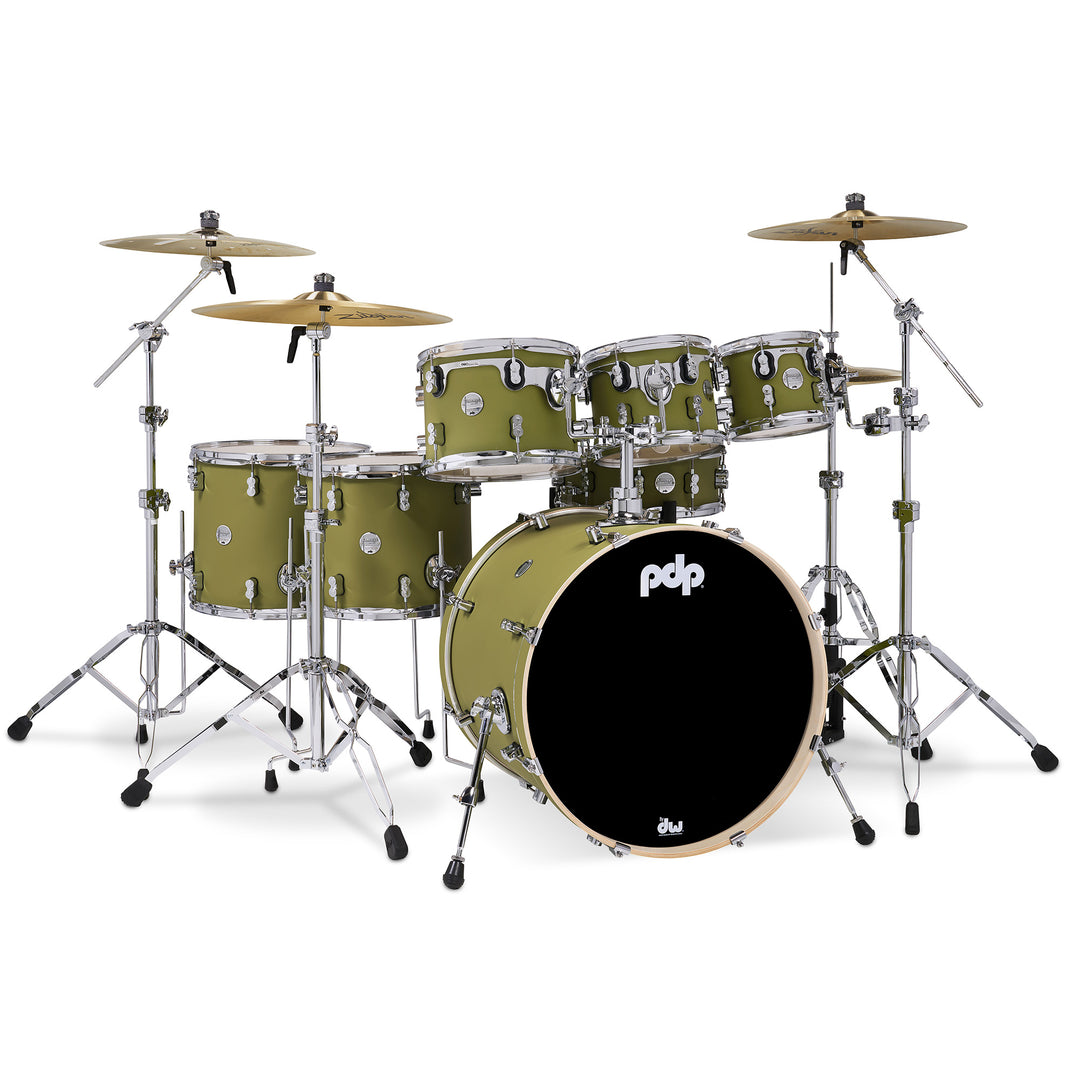 PDP Concept Maple Finish Ply CM7 7-Piece Kit Shell Pack w/ Chrome Hardware (18x22 w/ BDM, 7x8, 8x10, 9x12, 12x14FT, 14x16FT, 5.5x14 Snare) - Satin Olive
