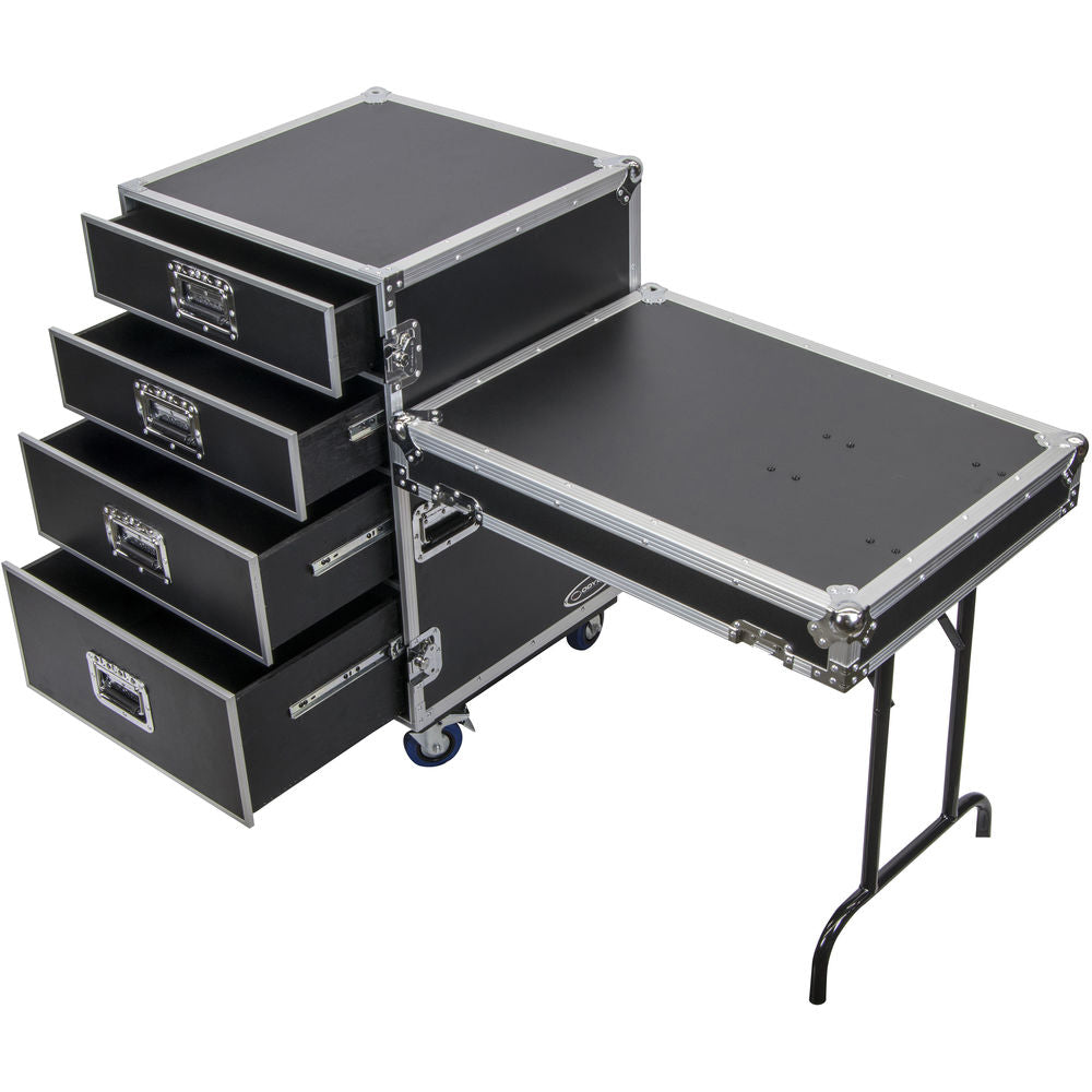 Odyssey FZWB4WDLX Flight Zone Deluxe 4-Drawer Workbox Tour Case with Casters & Side Table
