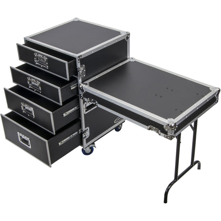 Odyssey FZWB4WDLX Flight Zone Deluxe 4-Drawer Workbox Tour Case with Casters & Side Table