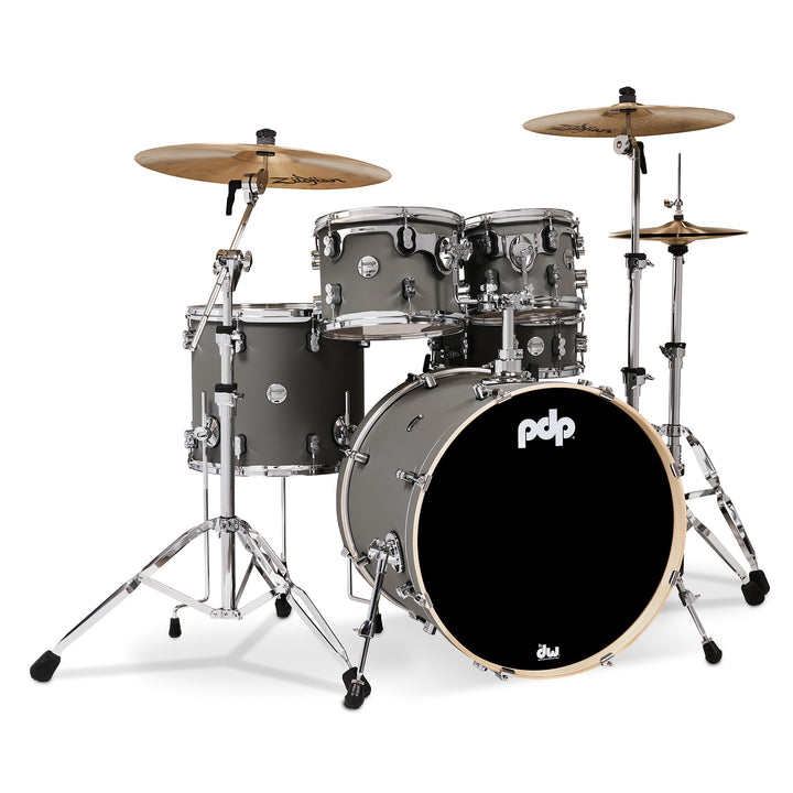PDP Concept Maple Finish Ply CM5 5-Piece Kit Shell Pack w/ Chrome Hardware (18x22 w/ BDM, 8x10, 9x12, 14x16FT, 5.5x14 Snare) - Satin Pewter