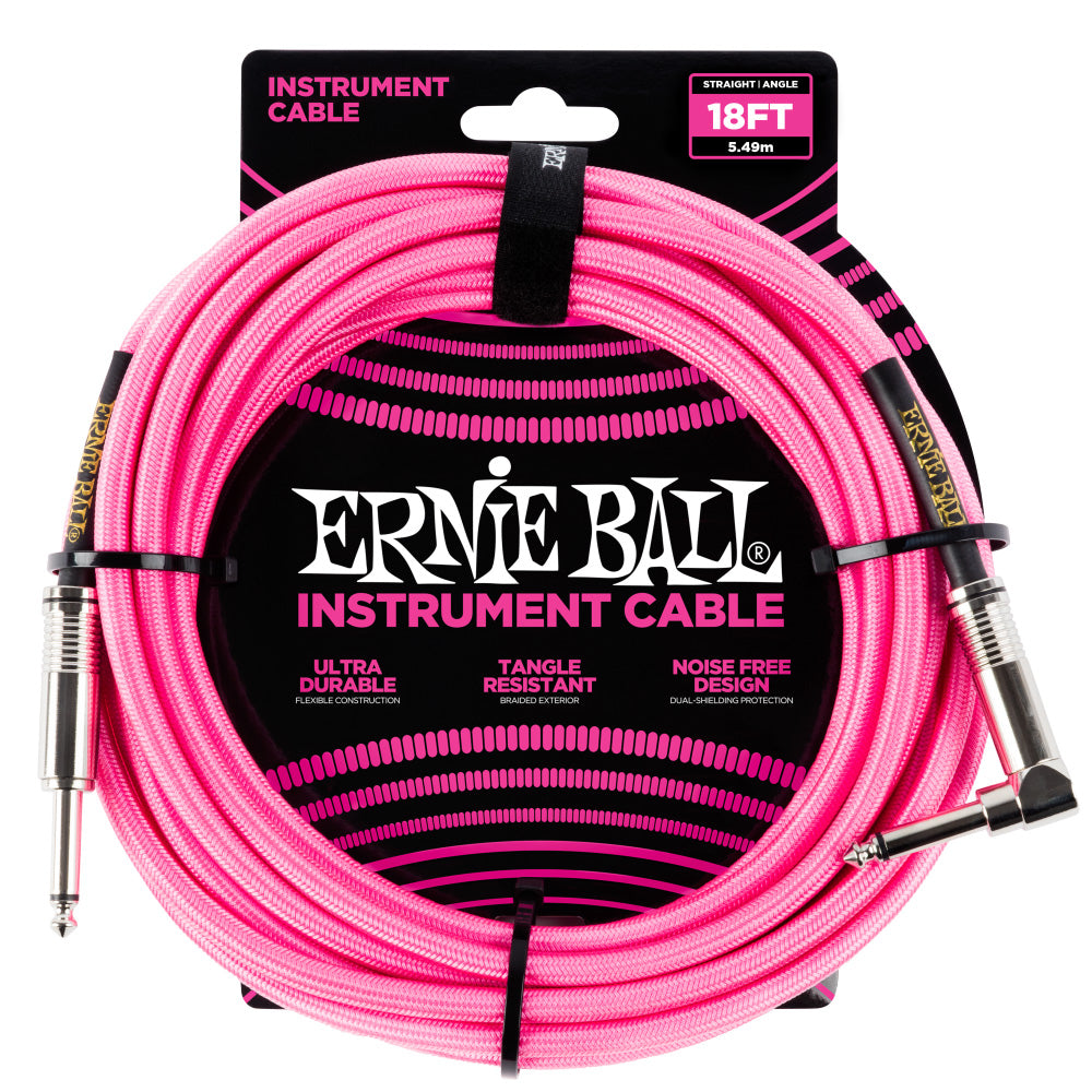 Ernie Ball Braided Instrument Cable Straight/Angle 18’ - Neon Pink