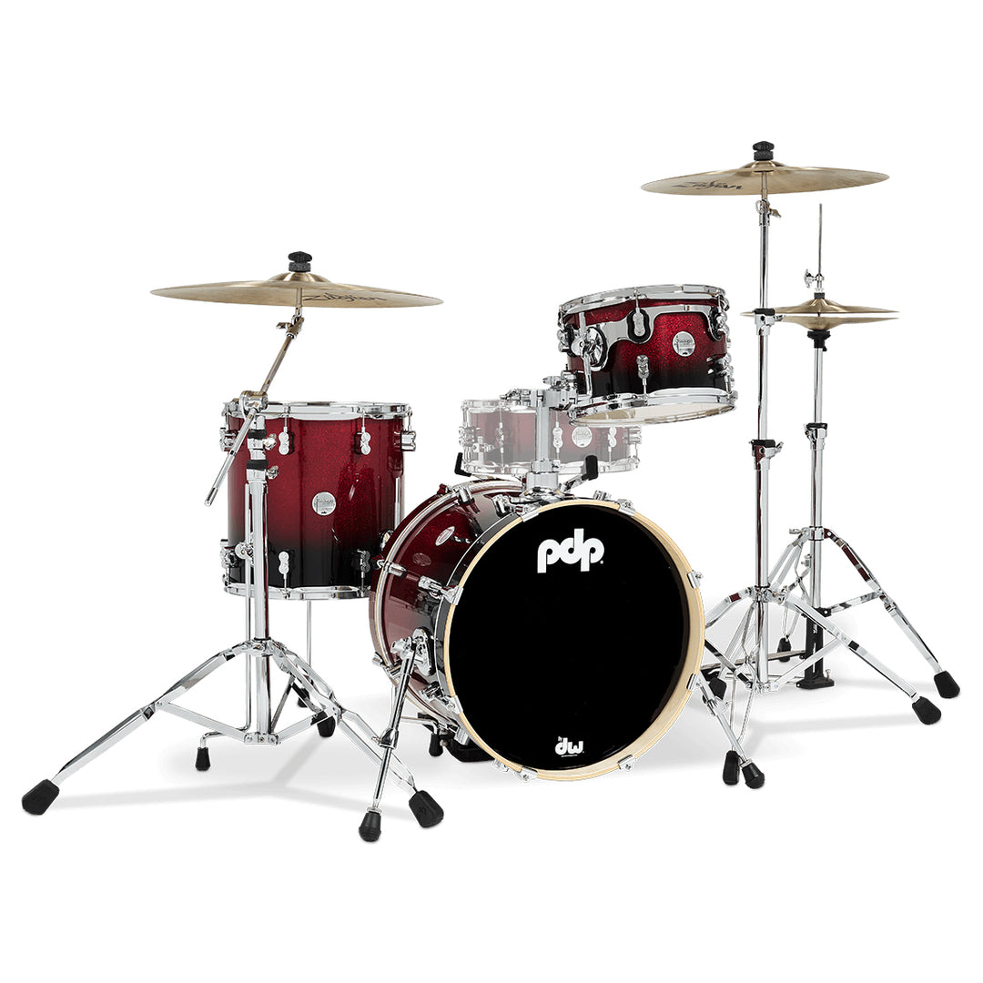 PDP Concept Maple Lacquer CM Bop Kit Shell Pack w/ Chrome Hardware (14x18 w/ BDM, 8x12, 14x14FT) - Red to Black Fade