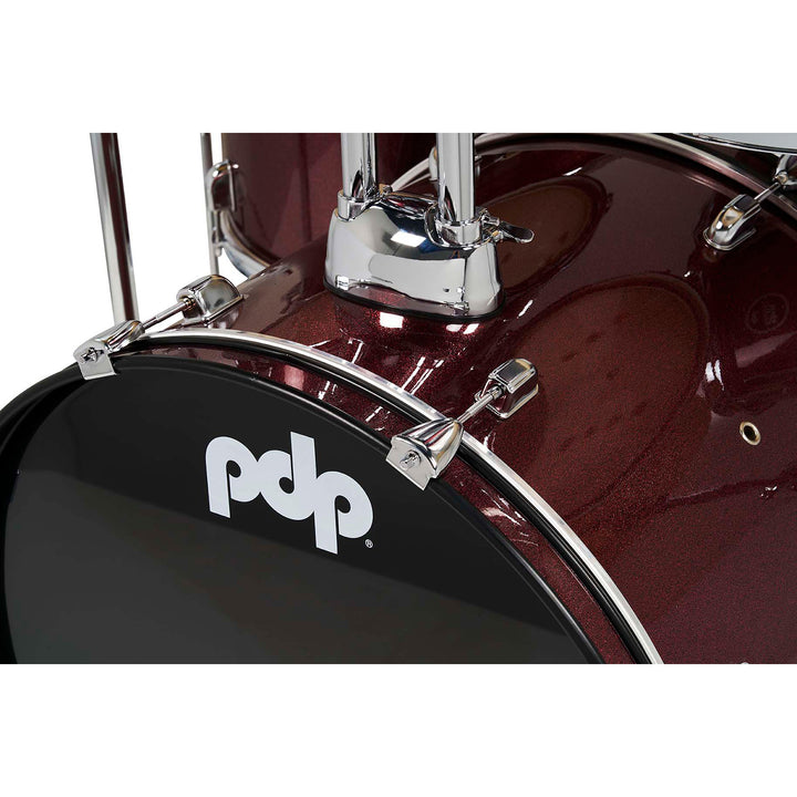 PDP Center Stage 5-Piece Complete Drum Kit w/ Hardware, Cymbals & Throne (7x10, 8x12, 14x16F, 16x22, 5x14 Snare) - Ruby Red Sparkle
