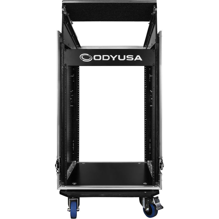 Odyssey FZGS1416WDLX Pro Combo Rack w/ Glide Platform, Side Table & Casters - 14U Over 16U