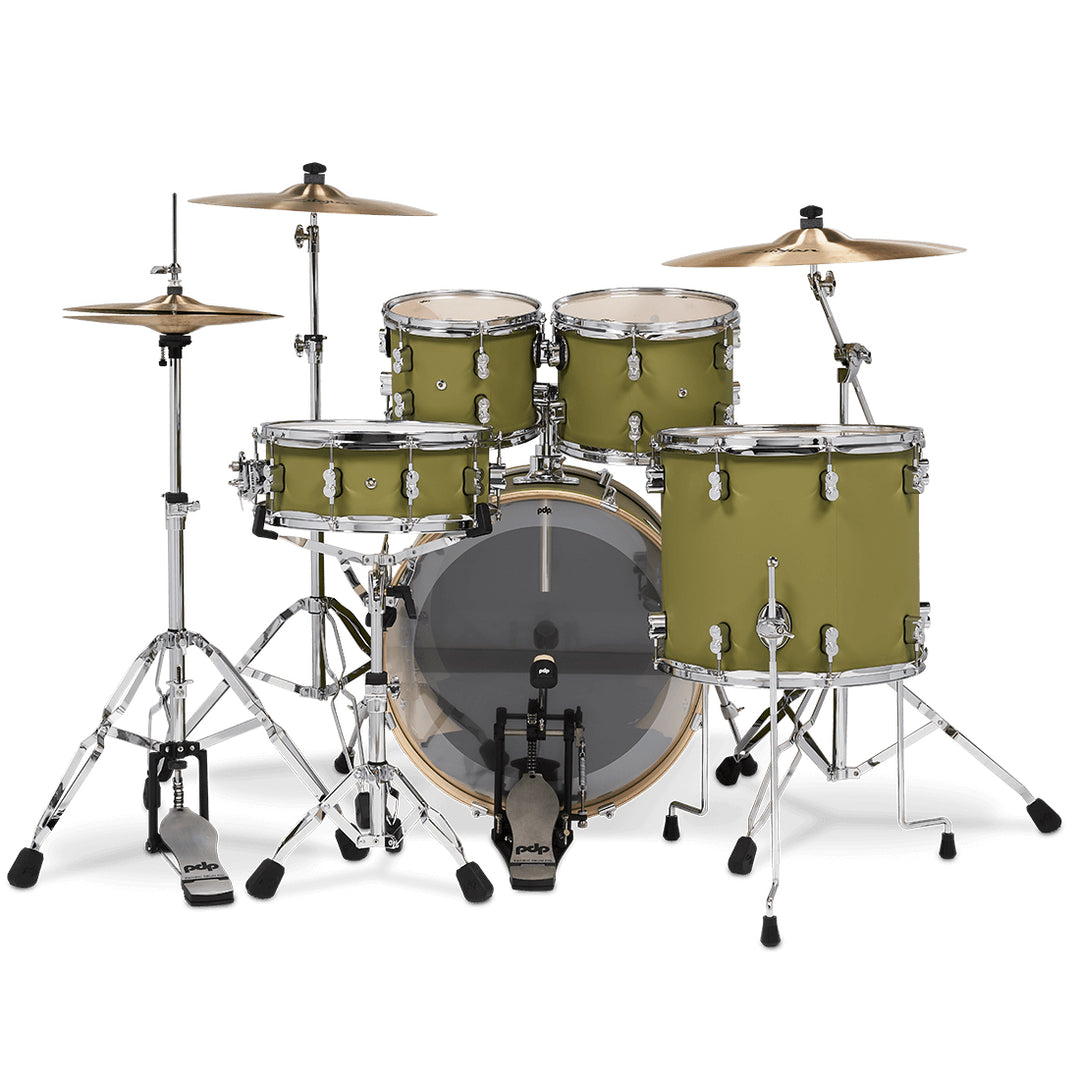 PDP Concept Maple Finish Ply CM5 5-Piece Kit Shell Pack w/ Chrome Hardware (18x22 w/ BDM, 8x10, 9x12, 14x16FT, 5.5x14 Snare) - Satin Olive