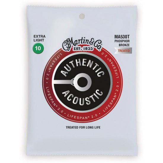 Martin MA530T Authentic Acoustic Lifespan 2.0 Treated 92/8 Ph. Bronze Guitar Strings - Extra Light 10-47