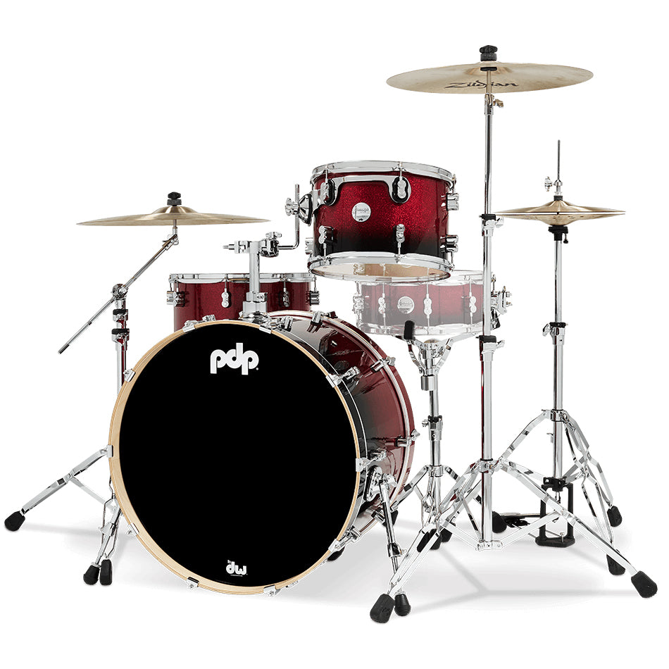 PDP Concept Maple Lacquer CM Rock Kit Shell Pack w/ Chrome Hardware (14x24, 9x13, 16x16FT) - Red to Black Fade
