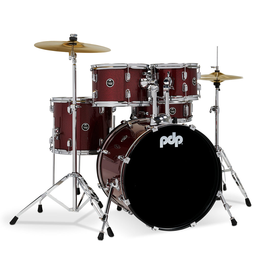 PDP Center Stage 5-Piece Complete Drum Kit w/ Hardware, Cymbals & Throne (7x10, 8x12, 12x14F, 14x20, 5x14 Snare) - Ruby Red Sparkle