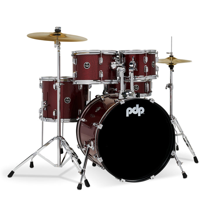 PDP Center Stage 5-Piece Complete Drum Kit w/ Hardware, Cymbals & Throne (7x10, 8x12, 12x14F, 14x20, 5x14 Snare) - Ruby Red Sparkle