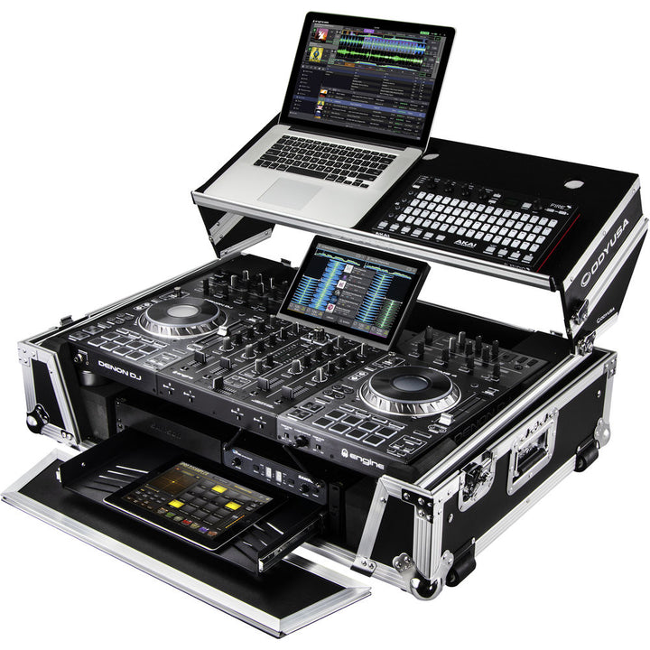 Odyssey FZGSPRIME4W2 Flight Zone Glide Style Case for Denon DJ Prime 4 w/ Laptop Platform and 2U Rack