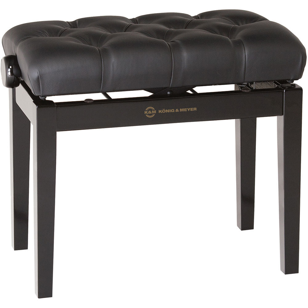 K&M 13981 Piano Bench w/ Quilted Seat - Black Gloss - Leather Seat Black