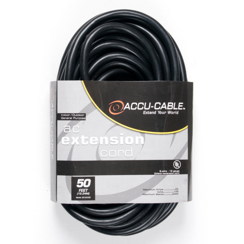 Accu-Cable AC Power Extension Cable 12-Gauge Black 50 Feet