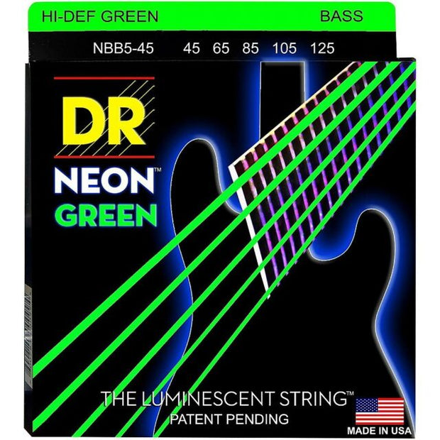 DR Strings NGB5-45 (Medium 5's) - Hi-Def NEON GREEN: Coated Bass Strings: 45, 65, 85, 105, 125