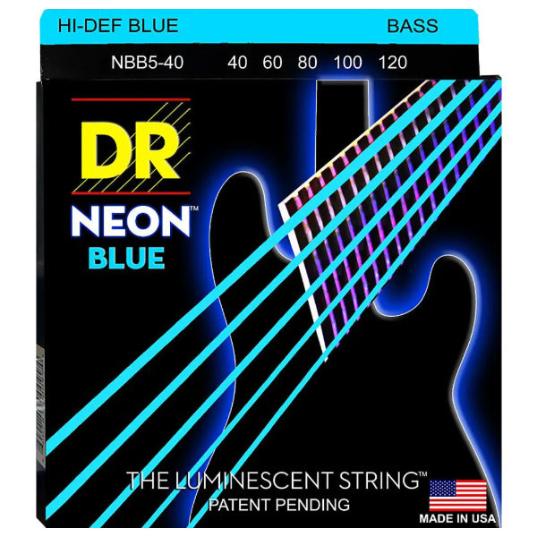 DR Strings NBB5-40 (Light 5's) - Hi-Def NEON BLUE: Coated Bass Strings: 40, 60, 80, 100, 120