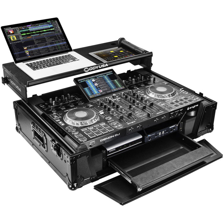 Odyssey FZGSPRIME4W2 Flight Zone Glide Style Case for Denon DJ Prime 4 w/ Laptop Platform and 2U Rack - Black Label