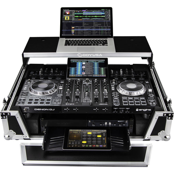 Odyssey FZGSPRIME4W2 Flight Zone Glide Style Case for Denon DJ Prime 4 w/ Laptop Platform and 2U Rack