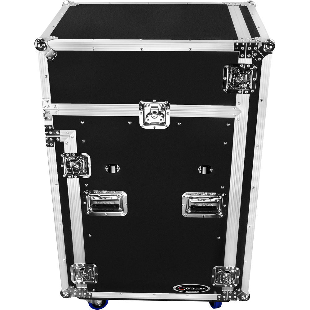 Odyssey FZGS1416WDLX Pro Combo Rack w/ Glide Platform, Side Table & Casters - 14U Over 16U