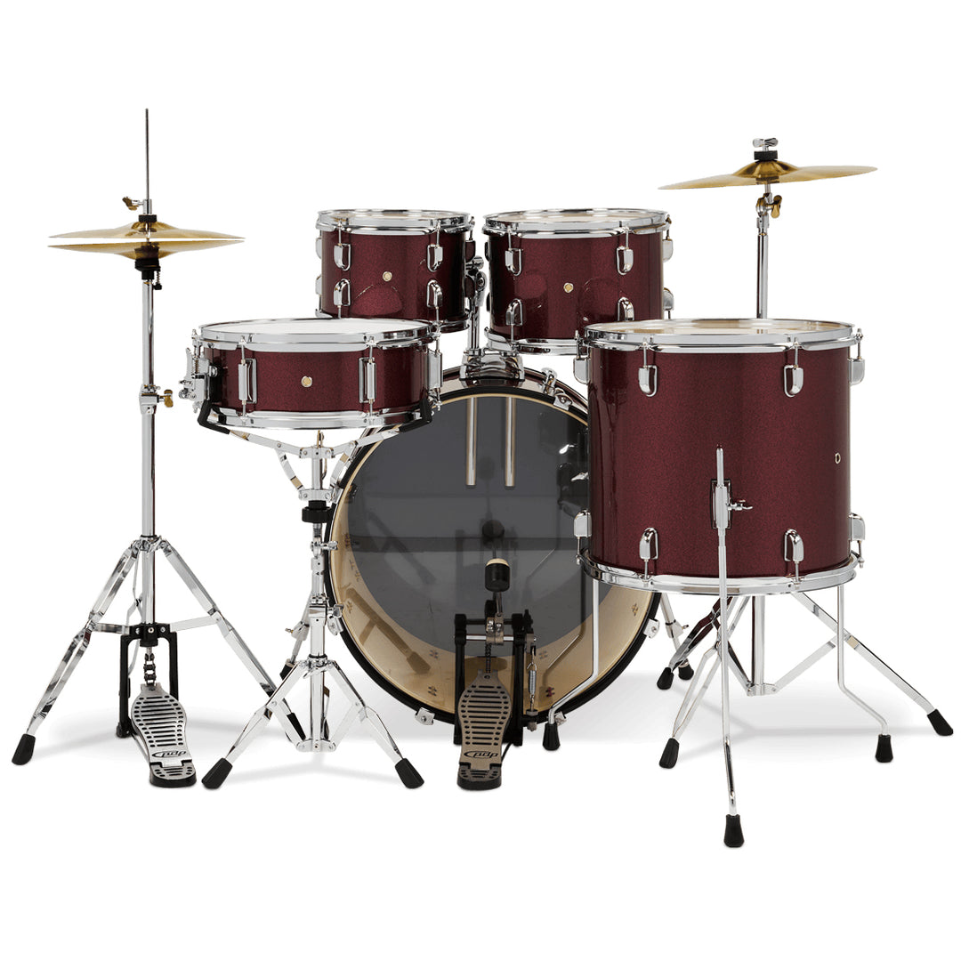 PDP Center Stage 5-Piece Complete Drum Kit w/ Hardware, Cymbals & Throne (7x10, 8x12, 14x16F, 16x22, 5x14 Snare) - Ruby Red Sparkle