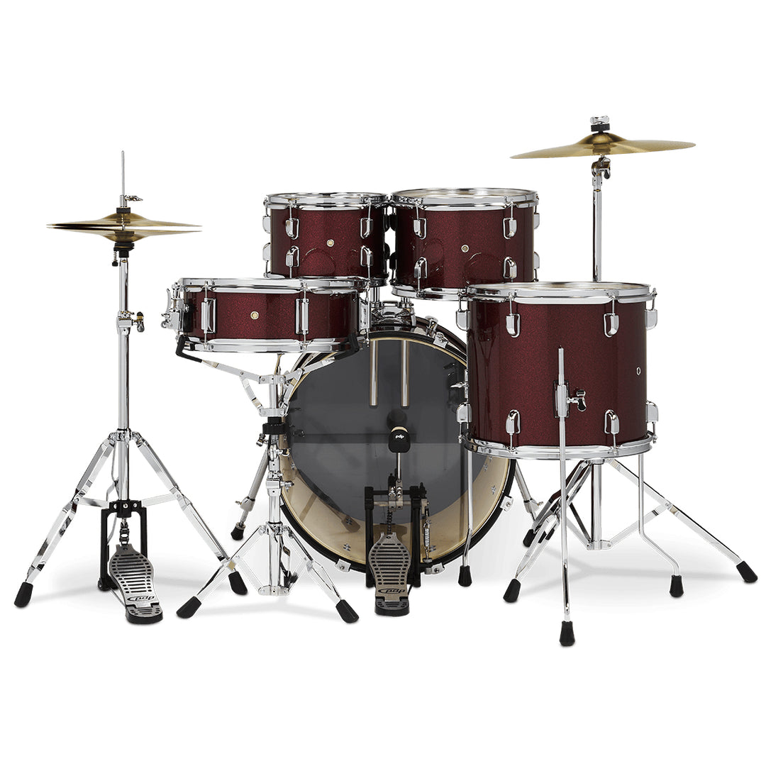 PDP Center Stage 5-Piece Complete Drum Kit w/ Hardware, Cymbals & Throne (7x10, 8x12, 12x14F, 14x20, 5x14 Snare) - Ruby Red Sparkle