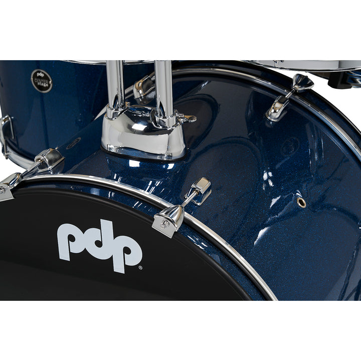 PDP Center Stage 5-Piece Complete Drum Kit w/ Hardware, Cymbals & Throne (7x10, 8x12, 12x14F, 14x20, 5x14 Snare) - Royal Blue Sparkle