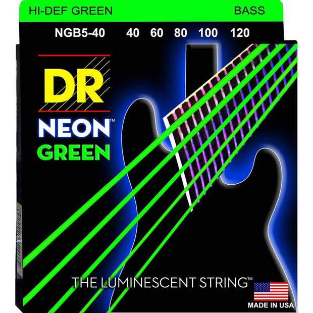 DR Strings NGB5-40 (Light 5's) - Hi-Def NEON GREEN: Coated Bass Strings: 40, 60, 80, 100, 120
