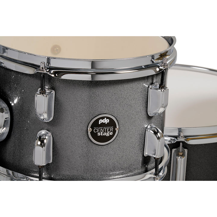 PDP Center Stage 5-Piece Complete Drum Kit w/ Hardware, Cymbals & Throne (7x10, 8x12, 14x16F, 16x22, 5x14 Snare) - Silver Sparkle